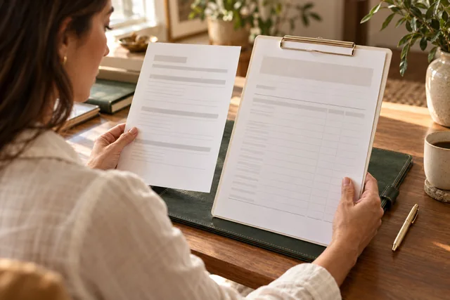 Illustrative careful review of a document on a desk