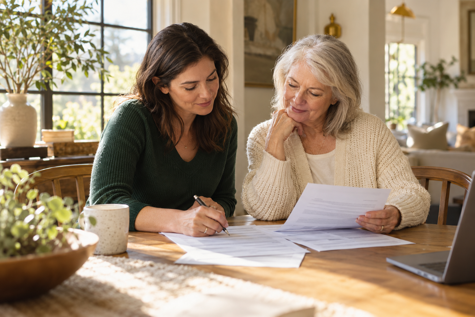Illustrative household-support notes and application preparation on a desk