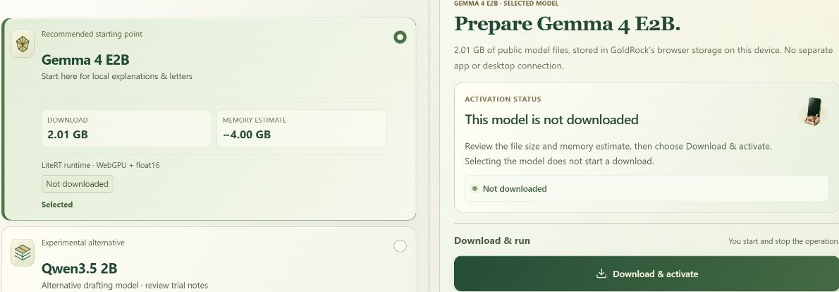 Actual browser model-selection and activation controls showing that Gemma is not downloaded