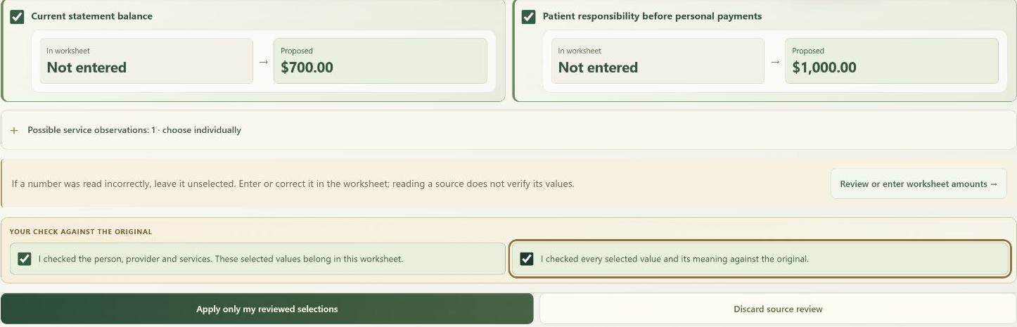 Actual local source-review controls with two proposed amounts and original-review confirmations