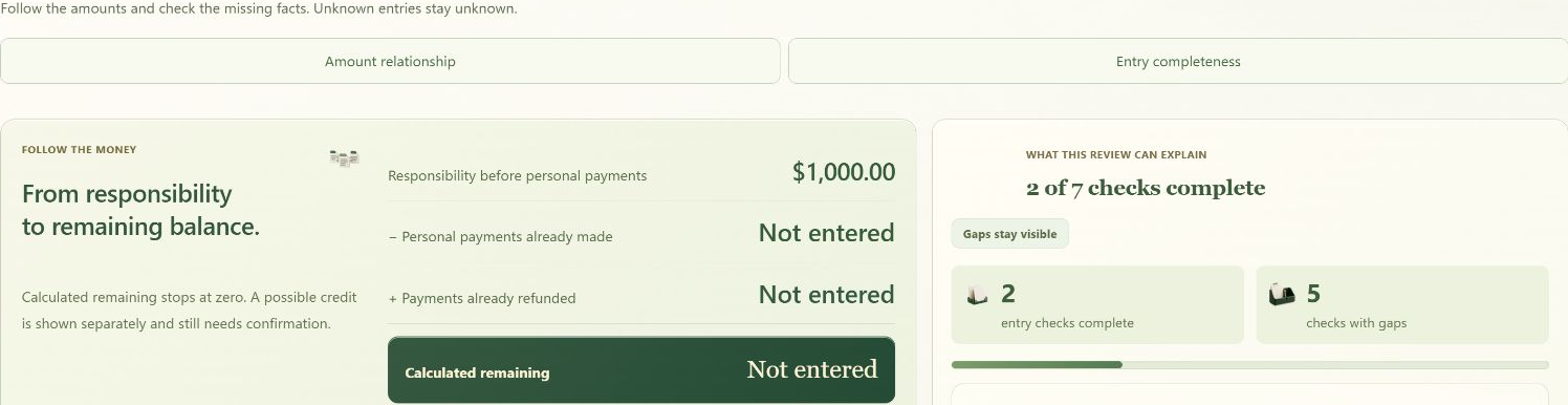 Actual bill-comparison interface withholding calculated remaining balance when payment information is unknown